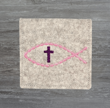 Rosenkranztasche in Beige meliert, Fisch, Kreuz